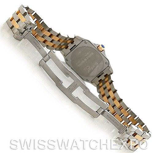 The image shows the Santos Demoiselle by Cartier from the back angle, highlighting the bracelet and clasp.