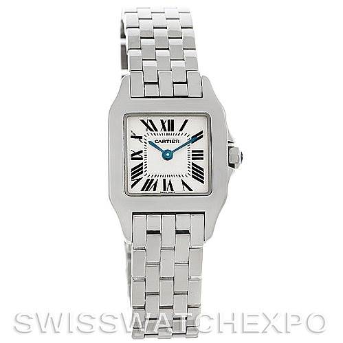 The image shows a Cartier Santos Demoiselle W25064Z5 Women
s Stainless Steel Silver Dial W25064Z5 Women
s Stainless Steel Silver Dial watch from a front angle, displaying the face, bracelet, and clasp.