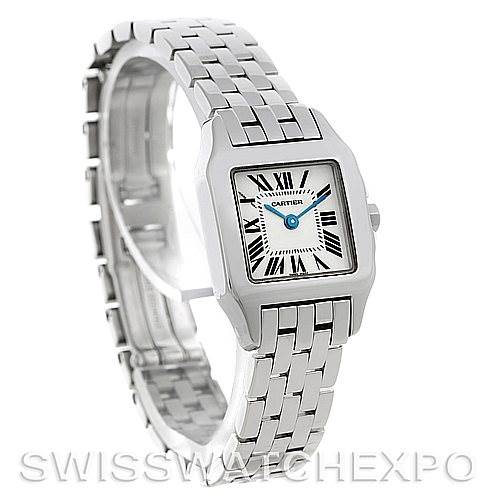 The image shows a Cartier Santos Demoiselle W25064Z5 Women
s Stainless Steel Silver Dial W25064Z5 Women
s Stainless Steel Silver Dial watch at a slight angle, highlighting the face, bezel, and bracelet.