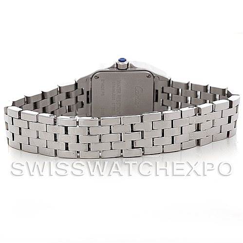 The image shows the rear view and bracelet of the Cartier Santos Demoiselle W25064Z5 Women
s Stainless Steel Silver Dial W25064Z5 Women
s Stainless Steel Silver Dial watch, focusing on the clasp and metal links.