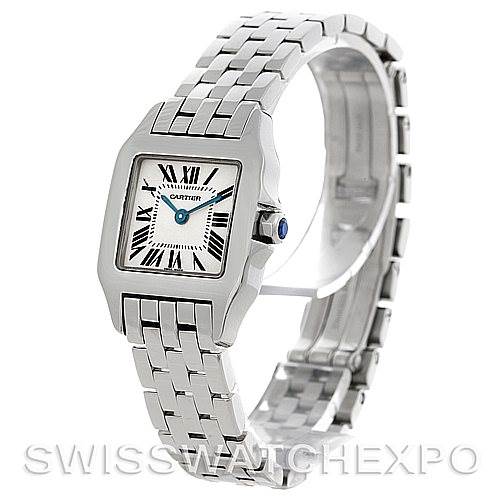 This image shows the Cartier Santos Demoiselle W25064Z5 Women
s Stainless Steel Silver Dial W25064Z5 Women
s Stainless Steel Silver Dial watch at an angled view, highlighting the face, bezel, bracelet, and crown.