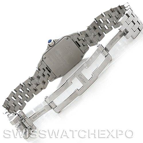 This image shows the underside of a Santos Demoiselle watch by Cartier, focusing on the bracelet and clasp.