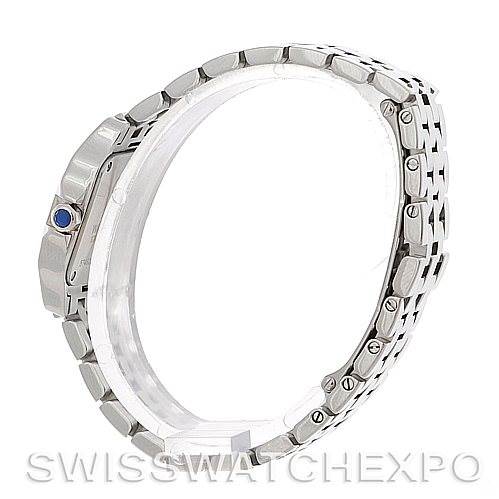 The image shows a side profile view of the Cartier Santos Demoiselle W25064Z5 Women
s Stainless Steel Silver Dial W25064Z5 Women
s Stainless Steel Silver Dial watch, highlighting the bracelet and the crown with a blue gemstone.