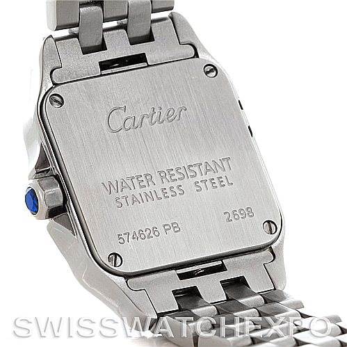 This image shows the back case and part of the steel bracelet of the Cartier Santos Demoiselle W25064Z5 Women
s Stainless Steel Silver Dial W25064Z5 Women
s Stainless Steel Silver Dial watch.