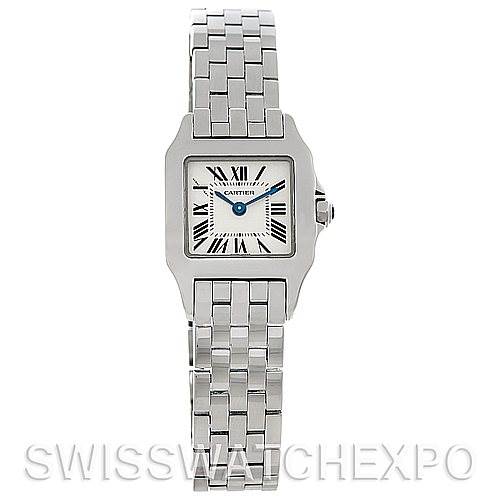 The image shows a front view of a Santos Demoiselle watch by Cartier, depicting its square face, Roman numerals, and metal link bracelet.