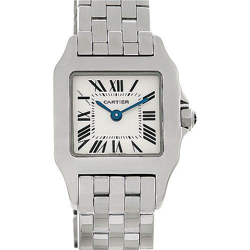 The image shows a front view of a Cartier Santos Demoiselle W25064Z5 Women
s Stainless Steel Silver Dial W25064Z5 Women
s Stainless Steel Silver Dial watch, displaying the face, bezel, and part of the metal bracelet.