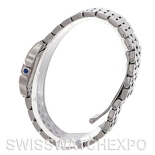 The image shows a Cartier Santos Demoiselle W25064Z5 Women
s Stainless Steel Silver Dial W25064Z5 Women
s Stainless Steel Silver Dial watch from the side, highlighting its metal bracelet and crown.