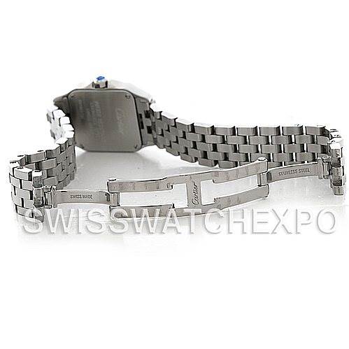 The image shows the Santos Demoiselle model by Cartier from the back, focusing on the stainless steel bracelet and clasp.