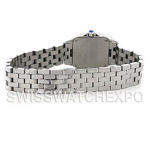 The image shows the back view of the Santos Demoiselle model by Cartier, highlighting its bracelet and case back.