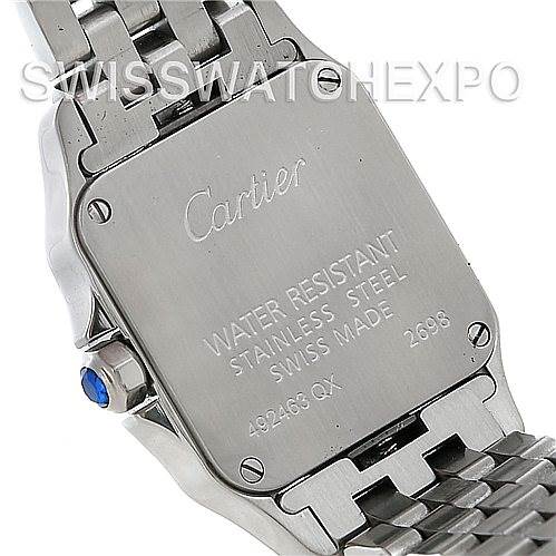 The image shows the back of a Cartier Santos Demoiselle W25064Z5 Women
s Stainless Steel Silver Dial W25064Z5 Women
s Stainless Steel Silver Dial watch with an emphasis on the stainless steel case and water resistance details.