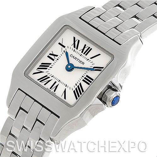 This image shows a close-up angle of a Cartier Santos Demoiselle W25064Z5 Women
s Stainless Steel Silver Dial W25064Z5 Women
s Stainless Steel Silver Dial watch, featuring its square face, Roman numerals, and metal link bracelet.