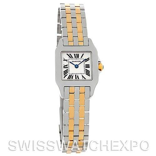 This image shows a front view of the Cartier Santos Demoiselle W25066Z6 Women's Steel and Gold (two tone) Silver Dial W25066Z6 Women's Steel and Gold (two tone) Silver Dial watch, highlighting its two-tone bracelet and square dial with Roman numerals.