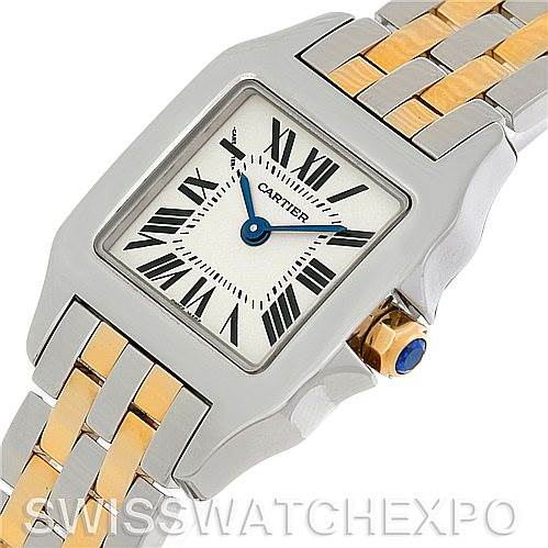 This image shows a Cartier Santos Demoiselle W25066Z6 Women's Steel and Gold (two tone) Silver Dial W25066Z6 Women's Steel and Gold (two tone) Silver Dial watch from a frontal angle, highlighting the square dial and part of the two-tone bracelet.