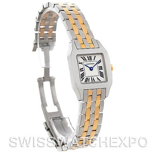The image shows a Cartier Santos Demoiselle W25066Z6 Women's Steel and Gold (two tone) Silver Dial W25066Z6 Women's Steel and Gold (two tone) Silver Dial watch angled to display the face, bezel, crown, and part of the two-tone bracelet.