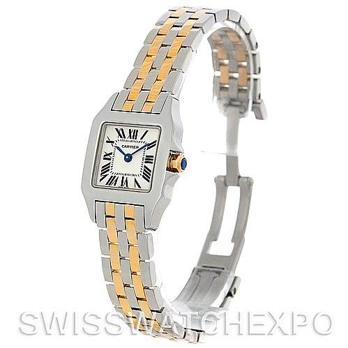 The image shows a Santos Demoiselle model by Cartier from a side angle, displaying the watch face, crown, and two-tone bracelet.