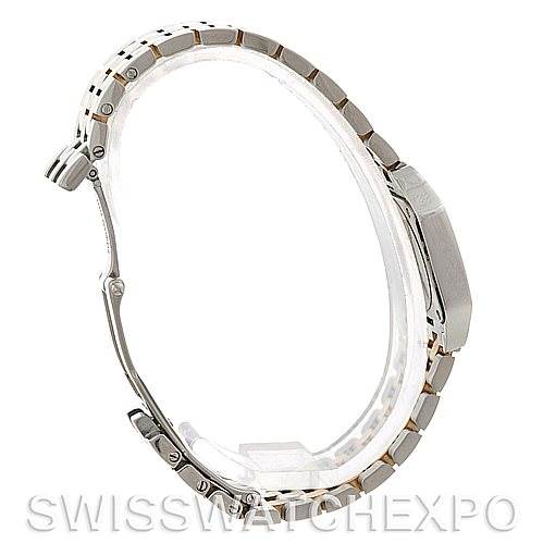 The image shows a side view of the Cartier Santos Demoiselle W25066Z6 Women's Steel and Gold (two tone) Silver Dial W25066Z6 Women's Steel and Gold (two tone) Silver Dial watch, highlighting its bracelet and clasp.