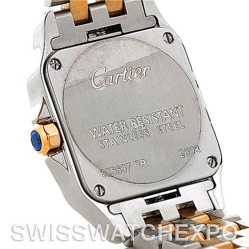 This image shows the back of a Cartier Santos Demoiselle W25066Z6 Women's Steel and Gold (two tone) Silver Dial W25066Z6 Women's Steel and Gold (two tone) Silver Dial watch, highlighting its stainless steel back, water resistance, and serial number.