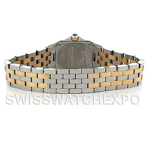 The image shows the back of the Cartier Santos Demoiselle W25066Z6 Women's Steel and Gold (two tone) Silver Dial W25066Z6 Women's Steel and Gold (two tone) Silver Dial watch, highlighting its two-tone bracelet and case back.