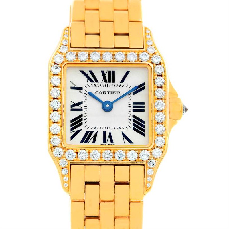 The image shows a front view of a Cartier Santos Demoiselle watch with a gold bracelet and a diamond-studded bezel.