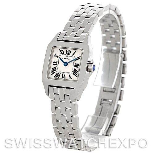 The image shows a Cartier Santos Demoiselle W25064Z5 Women's Stainless Steel Silver Dial W25064Z5 Women's Stainless Steel Silver Dial watch at a three-quarter angle, highlighting its face and stainless steel bracelet.