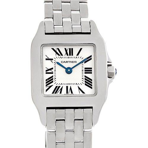 The image shows a front view of a Cartier Santos Demoiselle W25064Z5 Women's Stainless Steel Silver Dial W25064Z5 Women's Stainless Steel Silver Dial watch, highlighting the face, bezel, and part of the bracelet.