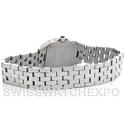 The image shows the back and bracelet of the Cartier Santos Demoiselle W25064Z5 Women's Stainless Steel Silver Dial W25064Z5 Women's Stainless Steel Silver Dial watch at a slight angle.
