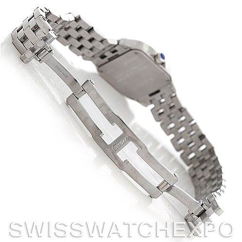 This image of the Cartier Santos Demoiselle W25064Z5 Women's Stainless Steel Silver Dial W25064Z5 Women's Stainless Steel Silver Dial watch shows the open clasp and a side view of the bracelet and case back.