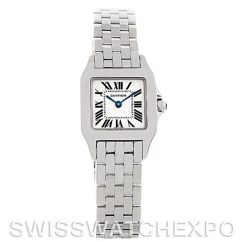 The image shows a front view of the Cartier Santos Demoiselle W25064Z5 Women
s Stainless Steel Silver Dial W25064Z5 Women
s Stainless Steel Silver Dial watch, displaying its square face, Roman numeral dial, and stainless steel bracelet.