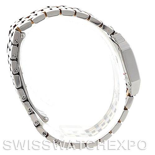 The image shows the side view of the Santos Demoiselle model by Cartier, highlighting the watch's bracelet and clasp.