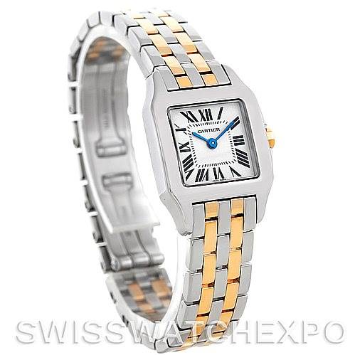 The image shows a Cartier Santos Demoiselle W25066Z6 Women's Steel and Gold (two tone) Silver Dial W25066Z6 Women's Steel and Gold (two tone) Silver Dial watch at a three-quarter angle, highlighting its face and two-tone bracelet.