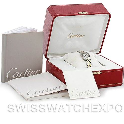 The Cartier Santos Demoiselle W25066Z6 Women's Steel and Gold (two tone) Silver Dial W25066Z6 Women's Steel and Gold (two tone) Silver Dial watch is shown in its open box, accompanied by branded booklets and paperwork.