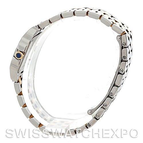 The image shows a side profile angle of the Cartier Santos Demoiselle W25066Z6 Women's Steel and Gold (two tone) Silver Dial W25066Z6 Women's Steel and Gold (two tone) Silver Dial watch, highlighting the bracelet and screws on its side.