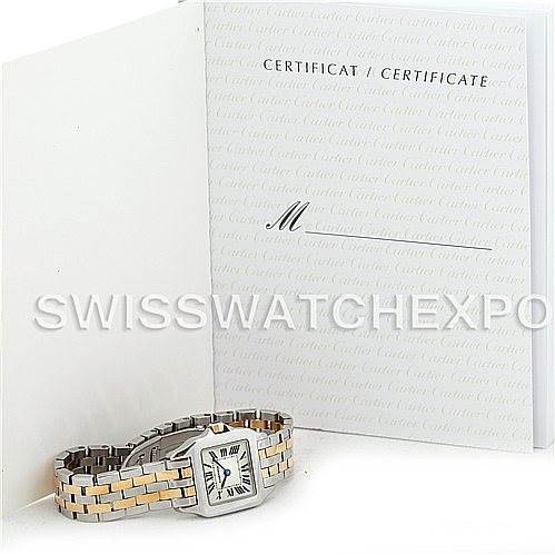 The Cartier Santos Demoiselle W25066Z6 Women's Steel and Gold (two tone) Silver Dial W25066Z6 Women's Steel and Gold (two tone) Silver Dial watch and its certificate are displayed at a slight angle, showing its two-tone square case and bracelet.