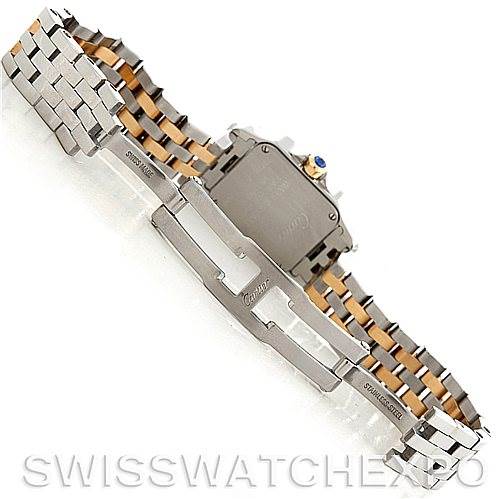 This image shows the back view of the band and clasp of a Cartier Santos Demoiselle W25066Z6 Women's Steel and Gold (two tone) Silver Dial W25066Z6 Women's Steel and Gold (two tone) Silver Dial watch, highlighting the metal bracelet design.
