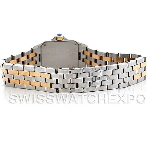 The image shows the back view of a Cartier Santos Demoiselle W25066Z6 Women's Steel and Gold (two tone) Silver Dial W25066Z6 Women's Steel and Gold (two tone) Silver Dial watch, focusing on its two-tone metal bracelet and clasp.