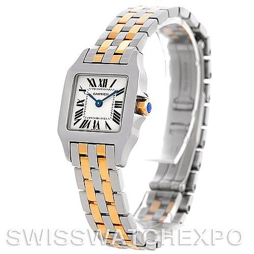 The image shows a Cartier Santos Demoiselle W25066Z6 Women's Steel and Gold (two tone) Silver Dial W25066Z6 Women's Steel and Gold (two tone) Silver Dial watch at an angle highlighting the face, bezel, and two-tone bracelet.