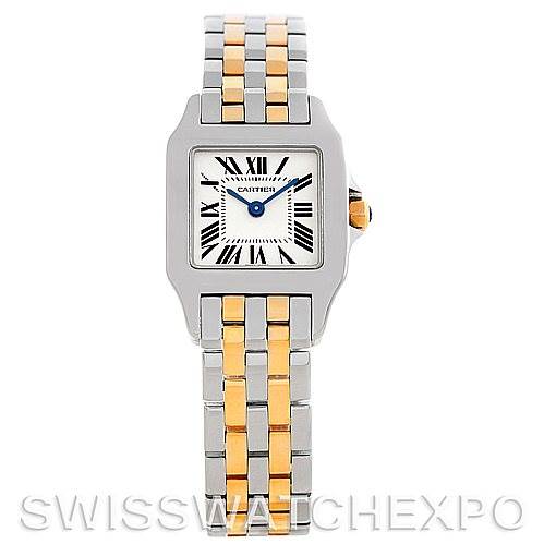 The image shows a front view of the Cartier Santos Demoiselle W25066Z6 Women's Steel and Gold (two tone) Silver Dial W25066Z6 Women's Steel and Gold (two tone) Silver Dial watch, featuring a two-tone metal bracelet and a square dial with Roman numerals.