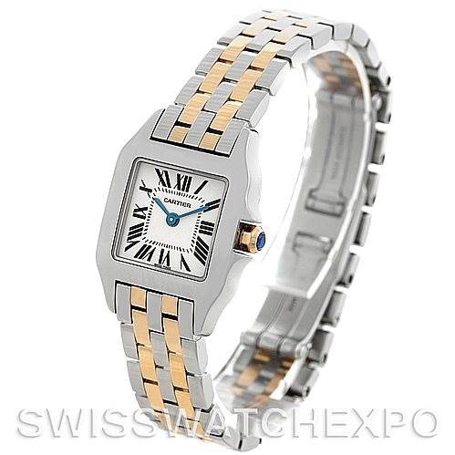The image shows a Cartier Santos Demoiselle W25066Z6 Women's Steel and Gold (two tone) Silver Dial W25066Z6 Women's Steel and Gold (two tone) Silver Dial watch at a three-quarter angle displaying the face, bezel, and part of the bracelet.