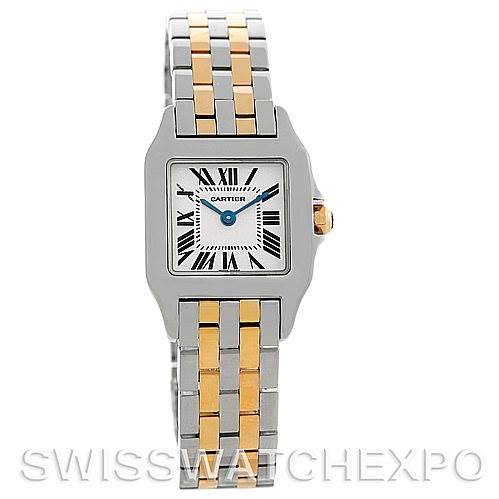 This image shows a front view of the Cartier Santos Demoiselle W25066Z6 Women's Steel and Gold (two tone) Silver Dial W25066Z6 Women's Steel and Gold (two tone) Silver Dial watch, highlighting its square face, Roman numerals, and two-tone bracelet.