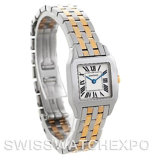 The Santos Demoiselle by Cartier is shown at a three-quarter angle, highlighting its two-tone bracelet and square face with Roman numerals.