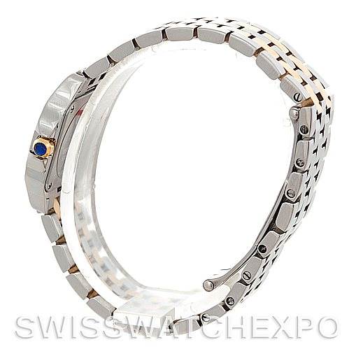 The image shows a side view of the Cartier Santos Demoiselle W25066Z6 Women's Steel and Gold (two tone) Silver Dial W25066Z6 Women's Steel and Gold (two tone) Silver Dial watch, focusing on the bracelet and its clasp.