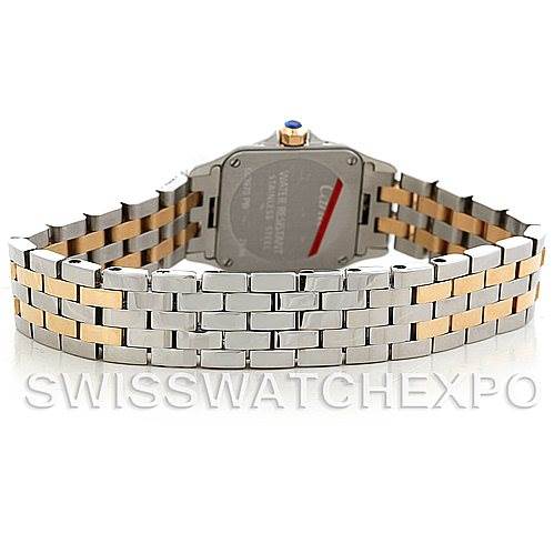 The image shows the back and bracelet of the Santos Demoiselle model by Cartier, highlighting its two-tone metal design.