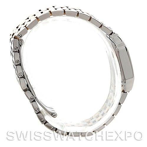 The image shows the side view of a Santos Demoiselle model watch by Cartier, highlighting the bracelet and case side.