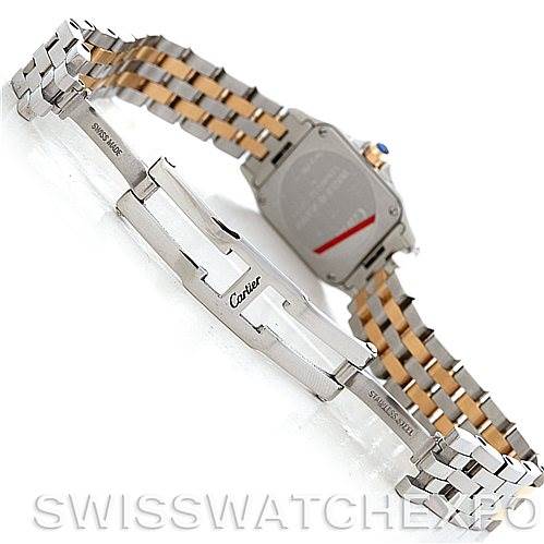 The image shows the clasp and bracelet of the Cartier Santos Demoiselle W25066Z6 Women's Steel and Gold (two tone) Silver Dial W25066Z6 Women's Steel and Gold (two tone) Silver Dial watch, viewed from the underside.