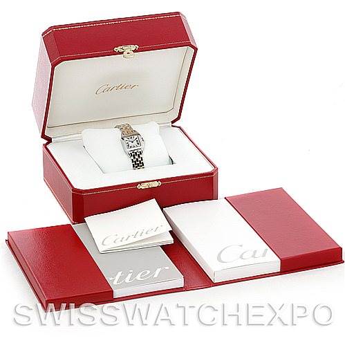 The image shows a Cartier Santos Demoiselle W25066Z6 Women's Steel and Gold (two tone) Silver Dial W25066Z6 Women's Steel and Gold (two tone) Silver Dial watch in its open red box, along with accompanying booklets and documents.