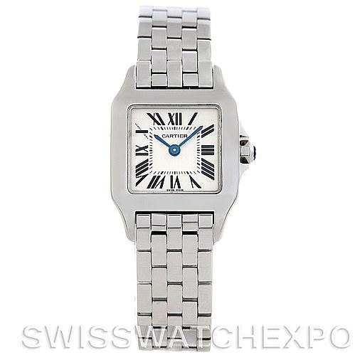 This image shows a front view of a Cartier Santos Demoiselle W25064Z5 Women's Stainless Steel Silver Dial W25064Z5 Women's Stainless Steel Silver Dial watch, displaying its face and stainless steel bracelet.