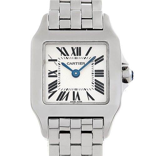 The image shows the face and part of the bracelet of a Cartier Santos Demoiselle W25064Z5 Women's Stainless Steel Silver Dial W25064Z5 Women's Stainless Steel Silver Dial watch from a frontal view.