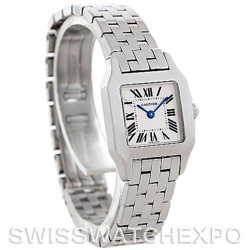 The watch shows a front and slight side angle view of a Cartier Santos Demoiselle W25064Z5 Women's Stainless Steel Silver Dial W25064Z5 Women's Stainless Steel Silver Dial model, highlighting the face and metal bracelet.