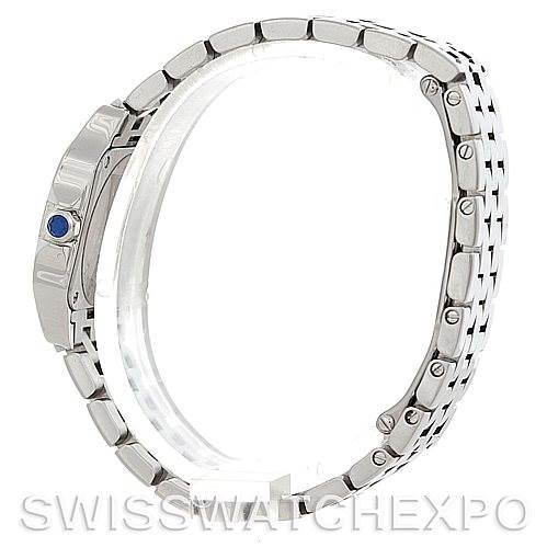 This image shows a side view of the Santos Demoiselle watch by Cartier, highlighting its bracelet and case profile.