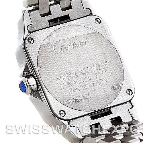 The image shows the back case and part of the bracelet of a Cartier Santos Demoiselle W25064Z5 Women's Stainless Steel Silver Dial W25064Z5 Women's Stainless Steel Silver Dial watch up close.